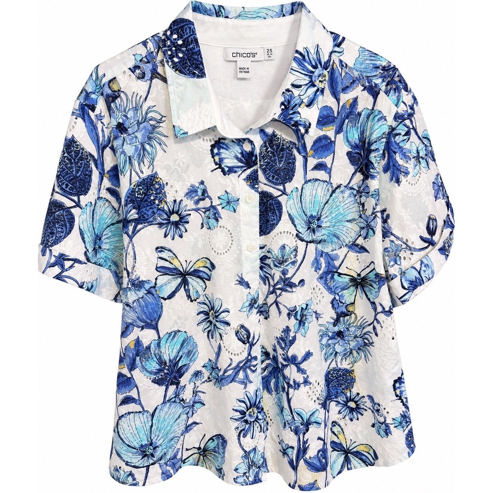 Chico's Size 14 Floral Eyelet Shirt Blue White Butterfly Coastal Cottage
